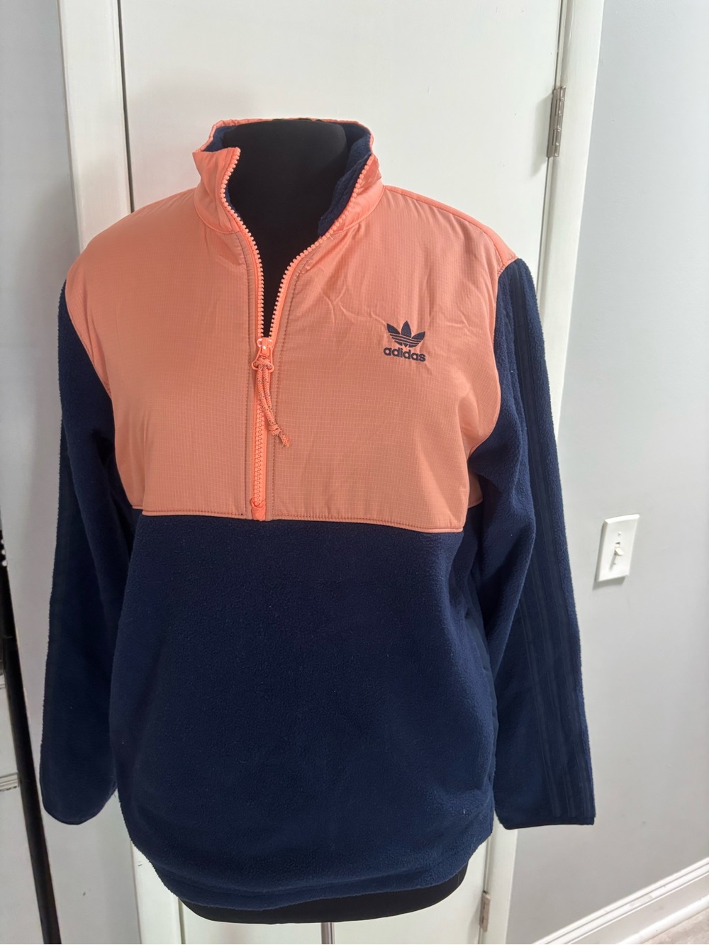 adidas Kids Colorblock Half‑Zip Puffer Jacket in Coral and Navy
